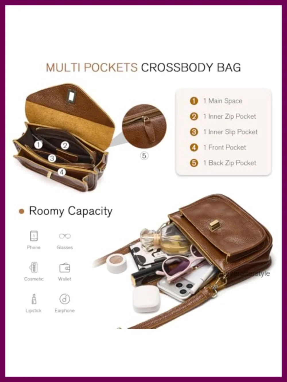 Genuine Leather Crossbody Bag Small Purse Multi-Pocket Adjustable Strap